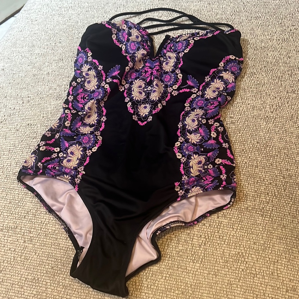 Black flower one piece convertible swimsuit cutout back